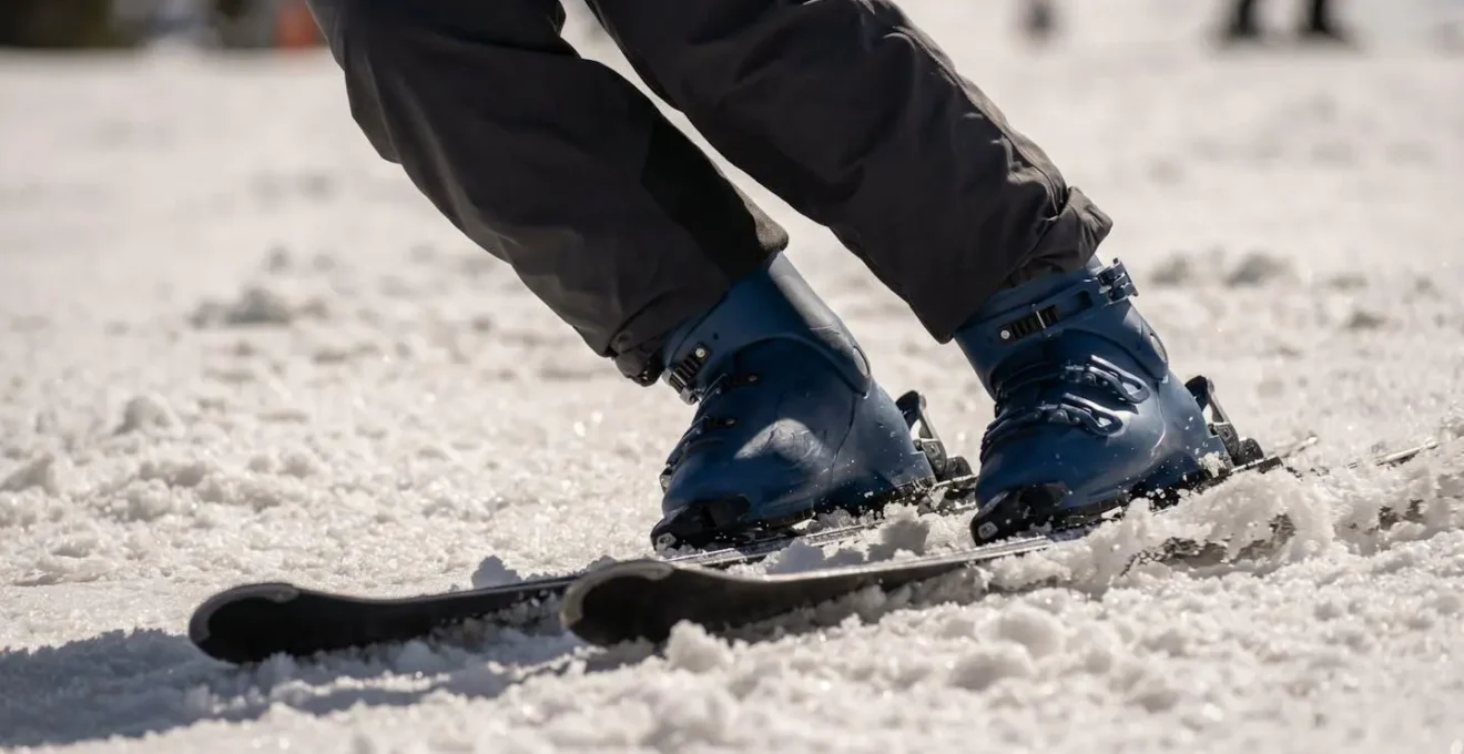 Gros plan sur position des pieds et flexion adaptée pour neige de printemps
