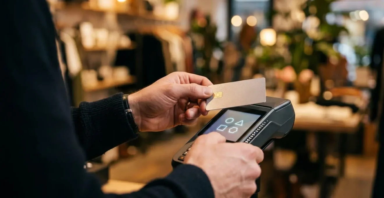 Gros plan sur les mains tenant une carte bancaire face à un terminal de paiement montrant deux options de devise