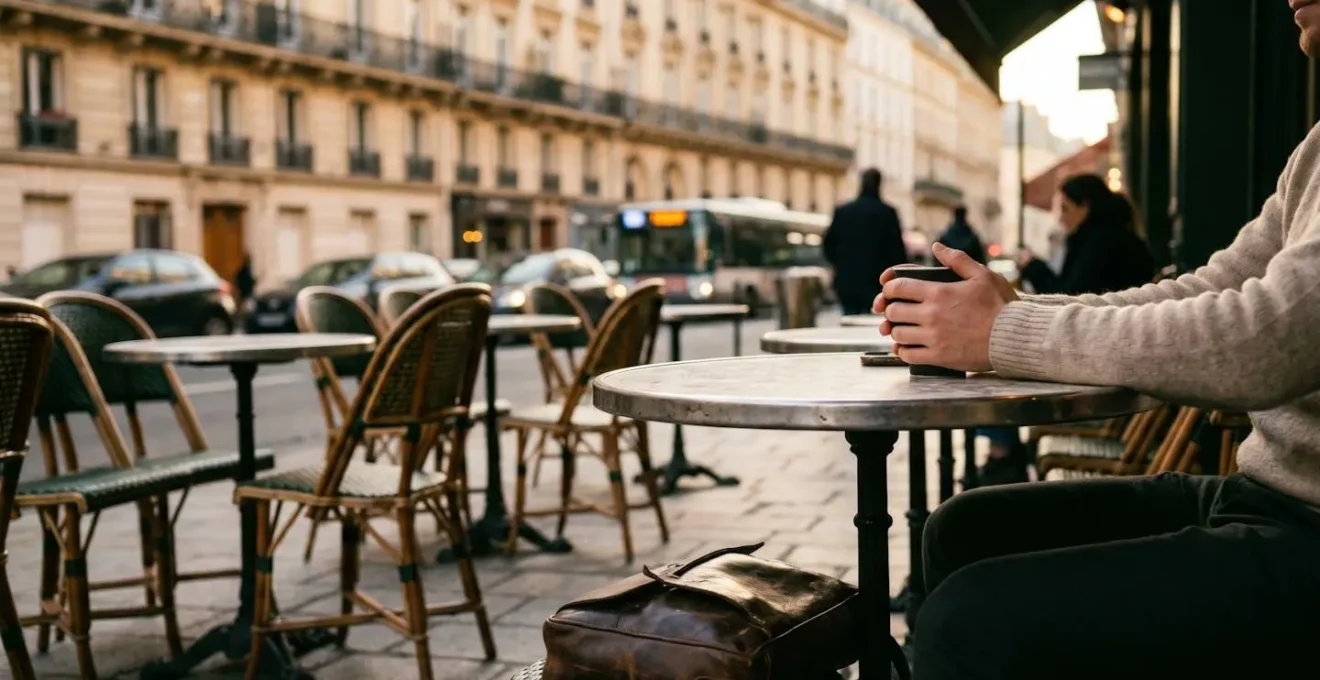 Terrasse de café parisien avec tables et chaises, accent sur la vigilance des clients