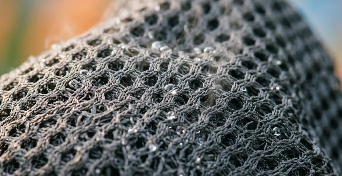 Détail macro du tissu mesh respirant d'une pochette de voyage avec texture visible