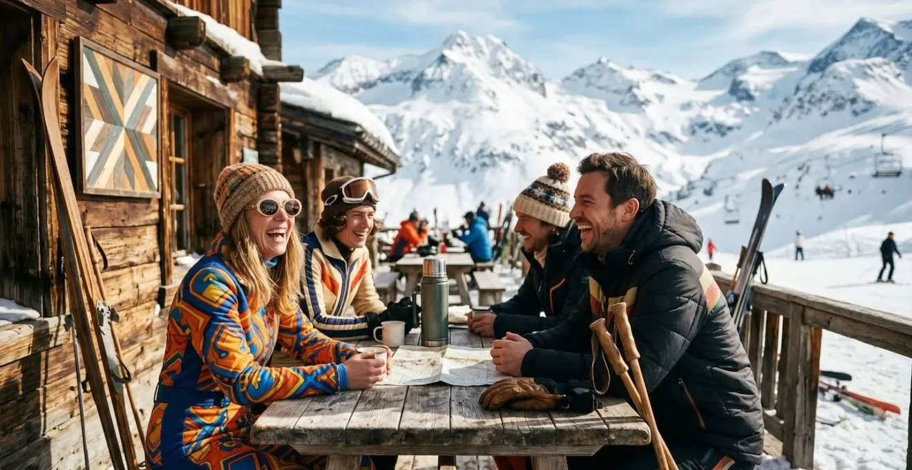 Terrasse de station de ski moderne à Val d'Isère avec skieurs en pause déjeuner