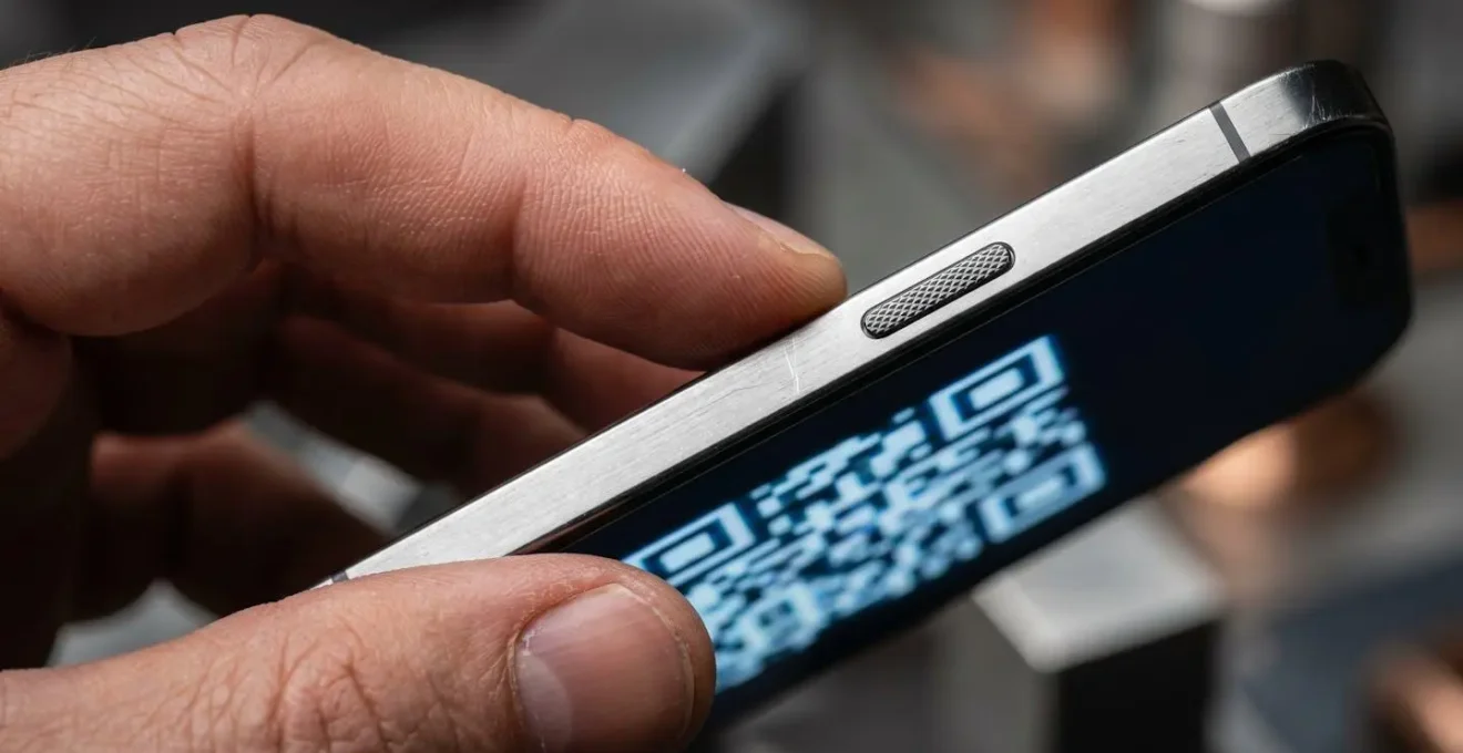 Main tenant un smartphone montrant un QR code flou devant une borne de validation
