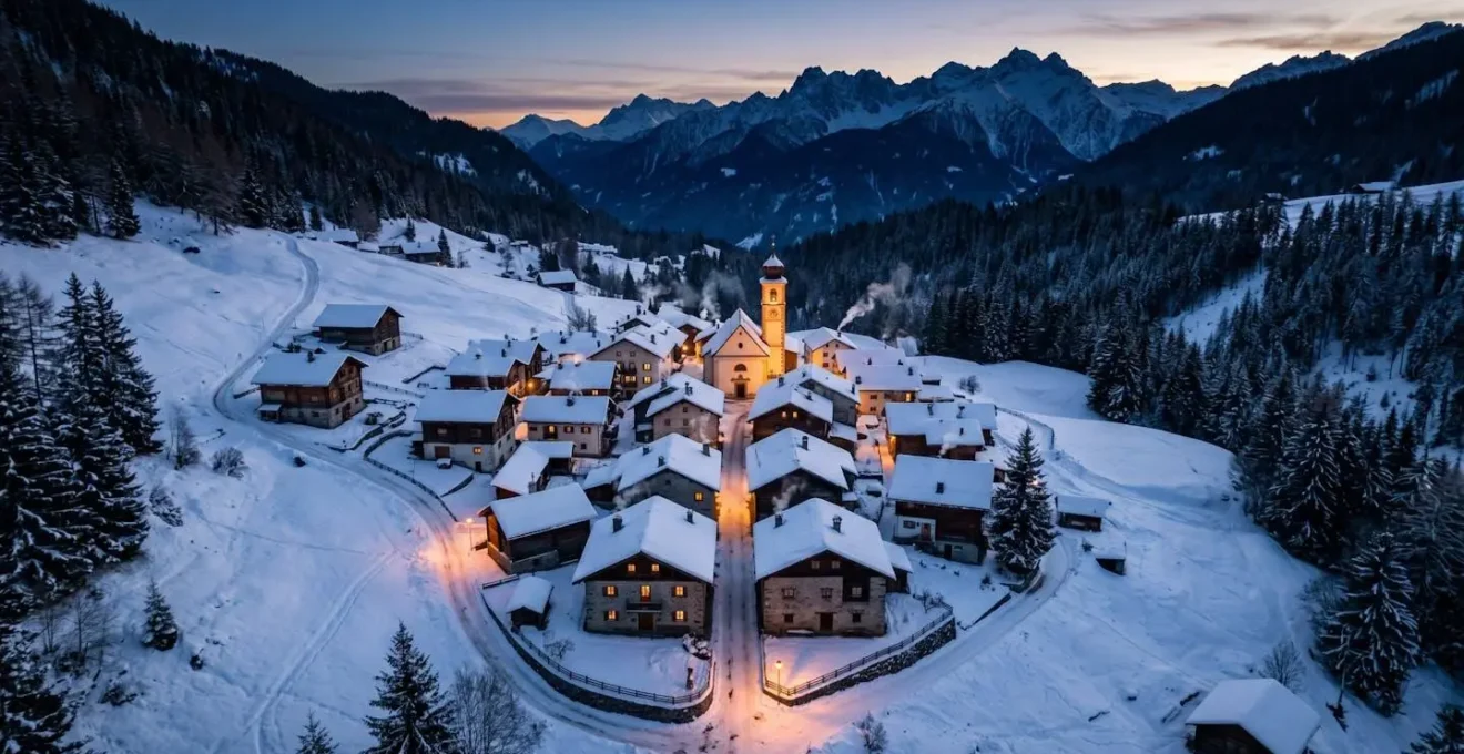 Vue aérienne d'un village de montagne traditionnel sous la neige au crépuscule