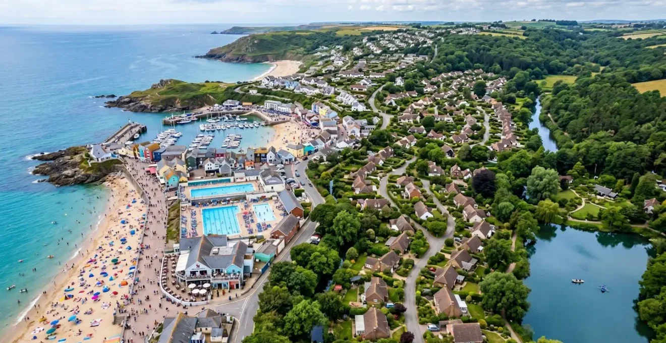 Vue aérienne d'un village vacances montrant les zones calmes et animées