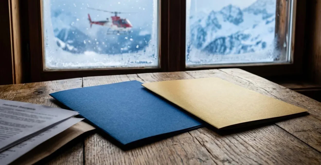 Table en bois avec documents d'assurance ski vus de côté avec montagnes en arrière-plan