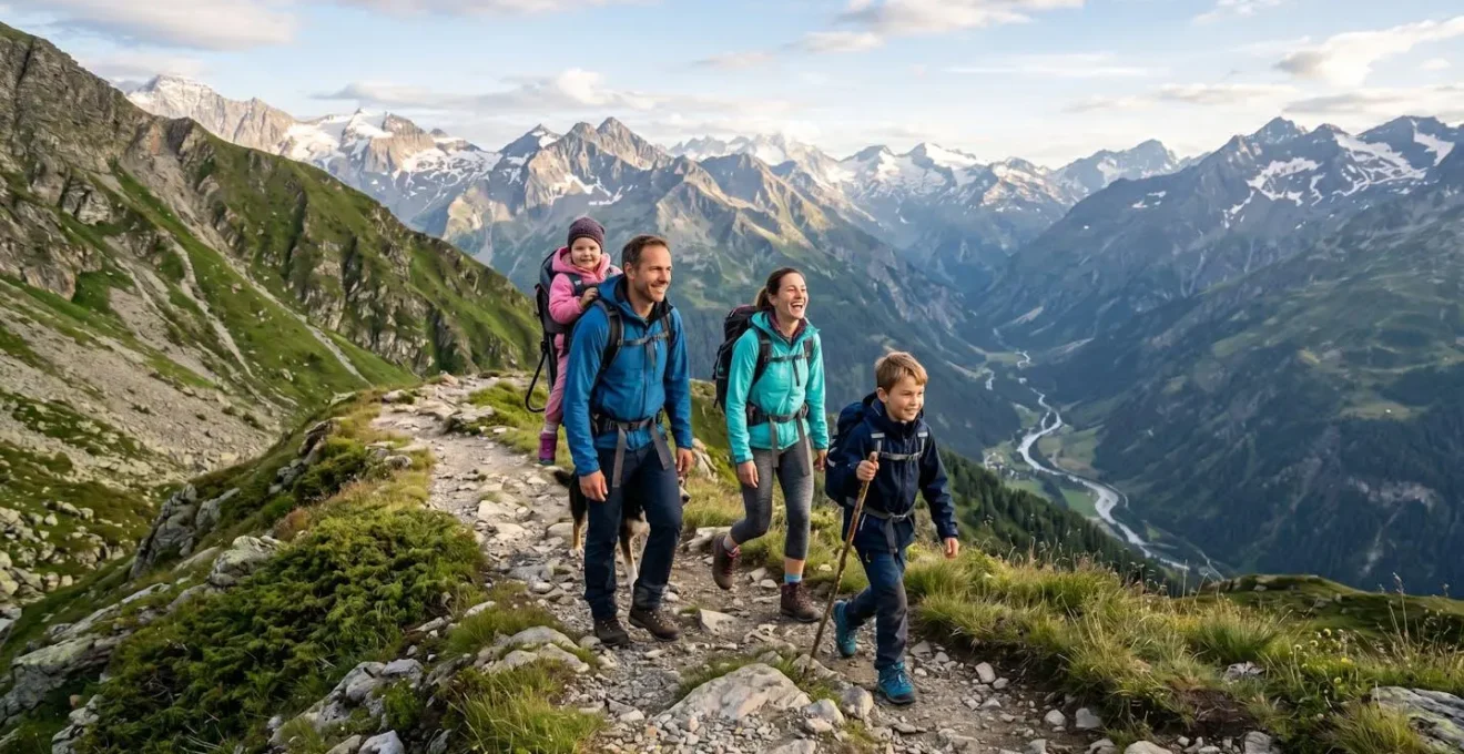 Famille avec enfants en randonnée sur un sentier de moyenne montagne avec vue panoramique