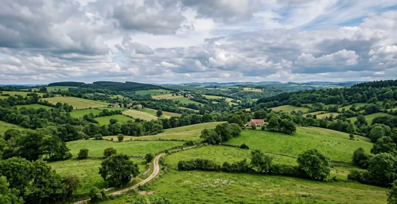 Paysage vallonné de la Creuse avec prairies vertes et forêts sous un ciel nuageux