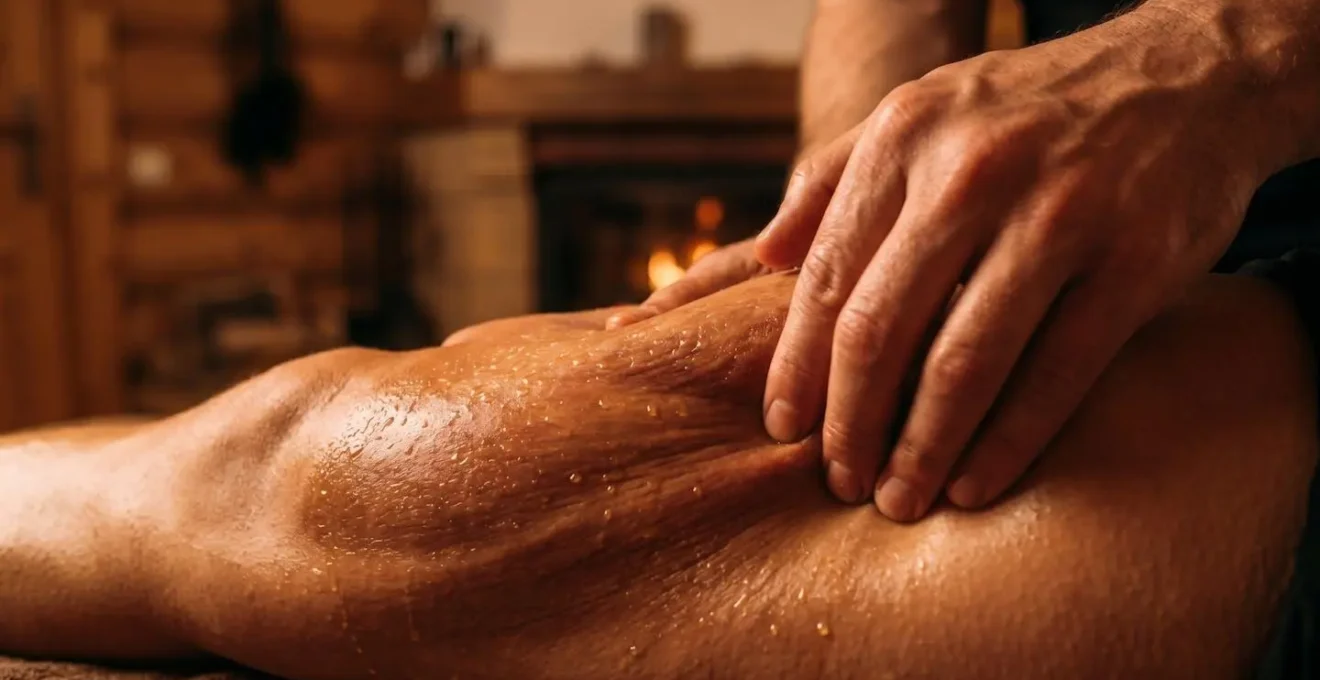 Gros plan sur des mains massant des quadriceps avec huile de récupération dans un chalet